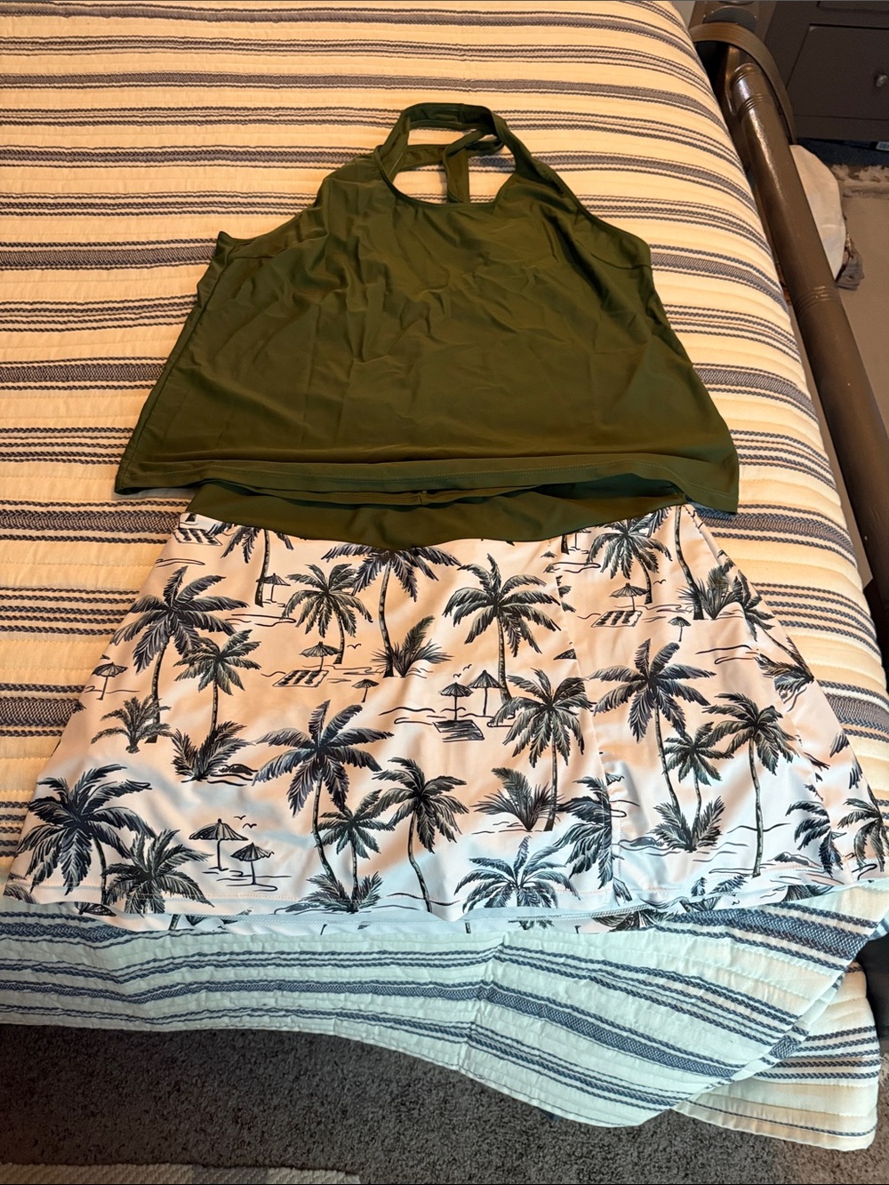 Women's Olive Green Swim Skirt with Palm Print and Solid Olive Green Cover